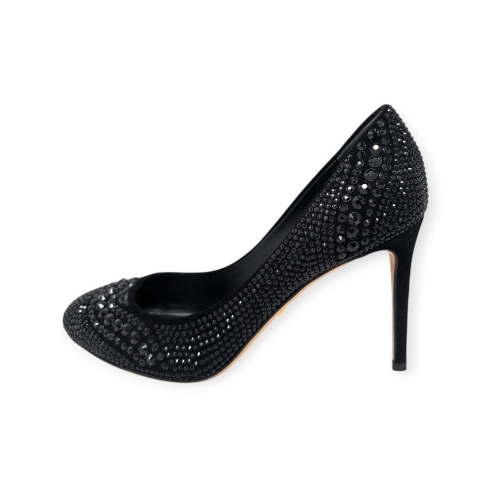 Gucci Black Suede Rhinestone Pumps Round Toe Stiletto Heels 37.5 US 7.5
